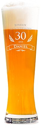 AMAVEL Verre à Bière Blanche avec Gravure Personnalisée, Joyeux Anniversaire 30 Ans, Prénom, env. 0,5 L