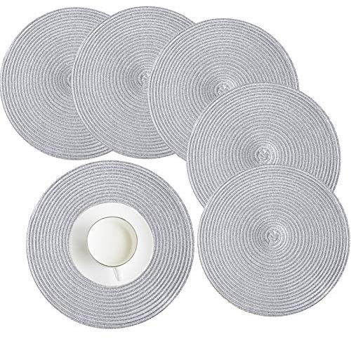 HEYOMART 6er Set Platzsets Rund Geflochtene Tischsets Abwaschbar Silber Rund Platzsets Waschbar Hitzebeständig Platzdeckchen Weihnachten für Hochzeit, Fest, Küche, Dekor - 38cm