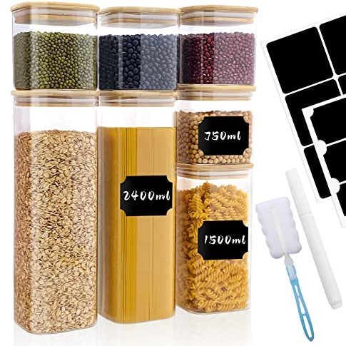 Withosent Vorratsdosen Glas 7er Set, 750ml/1500ml/2400ml Vorratsgläser mit Deckel Eckig, Großer Glasbehälter Vorratsglas mit Holzdeckel, Aufbewahrung Gläser Küche für Spaghetti, Müsli, Bohnen