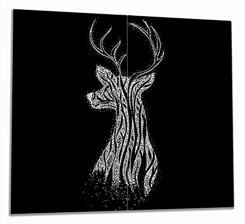 Wallario Herdabdeckplatte/Spritzschutz aus Glas, 2-teilig, 60x52cm, für Ceran- und Induktionsherde, Zeichnung eines Hirsches auf schwarzem Grund