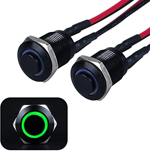 JIQI 2 interruttori a pressione Momentary da 12 V a 24 V 2 A, impermeabili, in metallo, IP66, 1NO pulsante nero con luce a LED, fili di collegamento per moto (testa alta, verde)