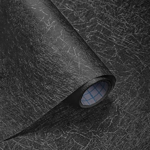 GloryTik Carta da parati nera da 45 x 100 cm, carta da parati nera in rilievo in seta nera, carta da parati autoadesiva rimovibile, carta da parati ruvida in seta spessa per decorazione di armadi e