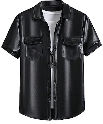 WDIRARA Men's Pu Leather Flap Pocket Short Sleeve Button Up Shirt Party Collar Top Black L