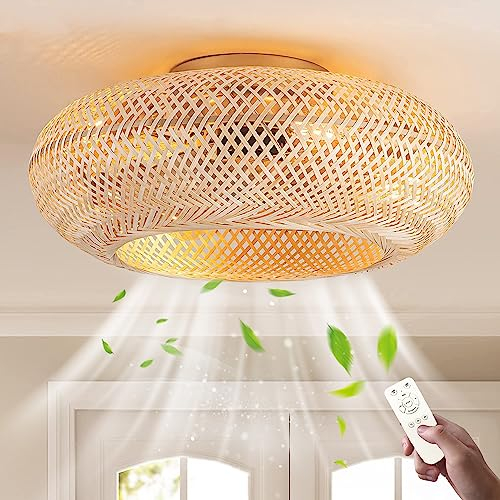 Fan Plafonnier E27 Rétro Ventilateurs de plafond avec Lumière et Télécommande Silencieux Lamp Pendentif Tissage Bambou Et Rotin Naturel Tissé Lampe de Plafond pour Salon Chambre Salle à Manger Lumière