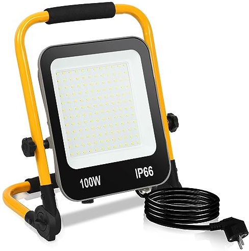 Gimisgu Projecteur de Chantier LED, 100W Eclairage Extérieur LED avec Support Pliable, 10000LM 6000K Blanc Froid avec Câble de 3M, Portable Lampe Chantier IP66 étanchéité pour Atelier, Garage