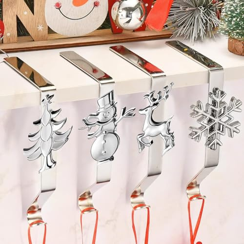 Norhogo 4pcs Christmas Stocking Holders - Different Pattern Hangers for Mantle and Fireplace - Silver