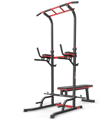 Hop-Sport Power Tower mit Klimmzugstange, Hantelbank & Dip-Station, Fitnessgerät für Zuhause, Calisthenics und Krafttraining, Freistehend, 150 kg Max. Belastbarkeit