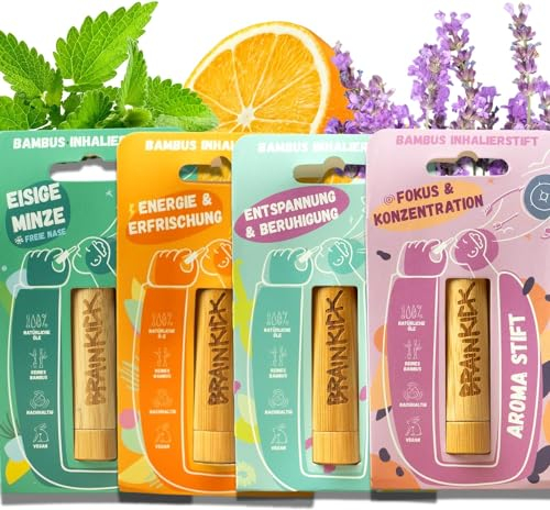 Aromatherapie Set, 4 Bambus Inhalierstifte mit ätherischen Ölen für mehr Wohlbefinden, 100% natürliche Aroma Stifte, Nachhaltige Riechstifte für die Nase, 4 Mini Inhalator Sticks für Unterwegs