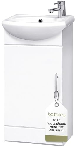 Balterley Vanity Unit with Basin Floor Standing, Soft Close Single Door with Curve Sink and Handle, Bathroom Vanity Units with Basin, Bathroom Sink Storage Cabinet - 400 x 200 x 780mm (White)