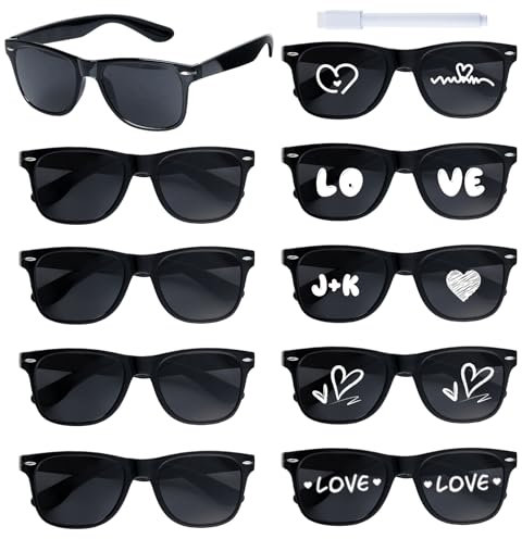 10pcs Sonnenbrille Personalisiert Hochzeit JGA Brille Partybrille Hippie Brillen mit Stift für Junggesellenschied Karneval Mottoparty Fasching Cosplay Party (schwarz)