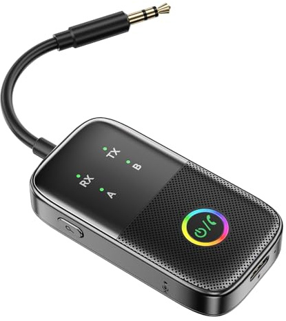 Bluetooth Adattatore Trasmettitore/Ricevitore, Ricevitore Trasmettitore 2-in-1 Bluetooth Adattatore Supporta 2 auricolare, 3.5mm AUX Jack Trasmettitori per TV, Telefono, Car Audio, Tablet，Palestre