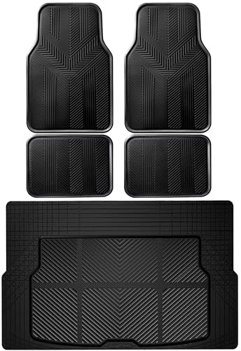 CAR PASS Universal Car Floor Mats & Cargo Liner Full Set, Waterproof Anti-Slip Rubber Trim to Fit Trunk Mats All Weather Protection Fit Car SUV Sedan Coupe Vehicle Automotive 5 Pieces, S-M Size Black