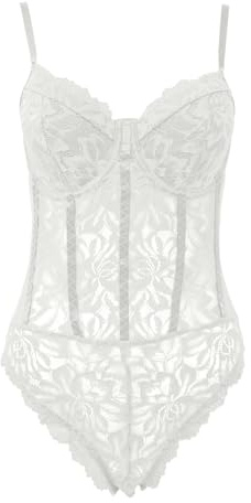 Generisch Body para mujer de malla transparente con encaje floral y tirantes delgados, jersey para mujer 56, Blanco, S