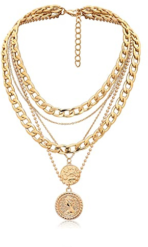 Lilbitty Goldkette Damen Collana Statement Gioielli Collana Lunga Oro Collana a Strati Trendy Collana Pendente Retro Moneta Collana Catena Massiccia Gioielli Regali di Compleanno