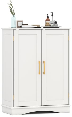 Multigot Bathroom Floor Cabinet, Freestanding Storage Cupboard with Adjustable Shelf, Wooden Display Organizer Unit for Bathroom Living Room Entryway (White)
