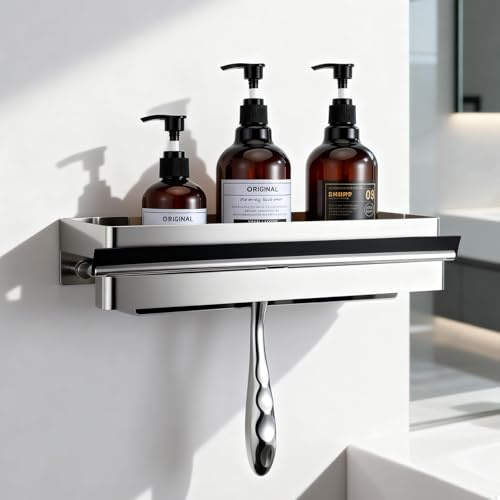 Womamny Bathroom Caddy, 33 cm Adhesive Shower Caddy, Upgraded Bathroom Shelf Without Drilling Mede in Stainless Steel (EN 1.4301), For Window Squeegee, Shampoo, Shower Gel, Razor, Towels