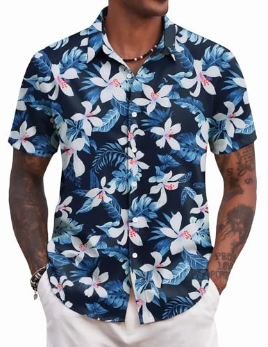 COOFANDY Chemise Homme Hawaienne Ete Plage Chemise Manches Courtes Chemises a Fleur Bleu Marine/Lily L