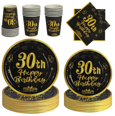 PYAILI Set di stoviglie monouso per compleanno 30 anni, 96 pezzi per 24 ospiti, comprende piatti di carta, bicchieri di carta e tovaglioli, perfetto per feste e ogni tipo di celebrazione.