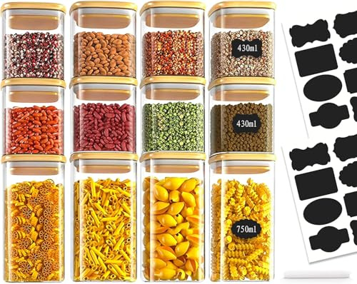 BARAKYEG Tarros de Cristal con Tapa 12pcs,430ml/750ml Botes Cristal,Bote Especias,Tarros de Vidrio Cocina Almacenaje con Tapa,Hermeticos Frascos de Vidrio para Cereales Granos Pasta- Cuadrados