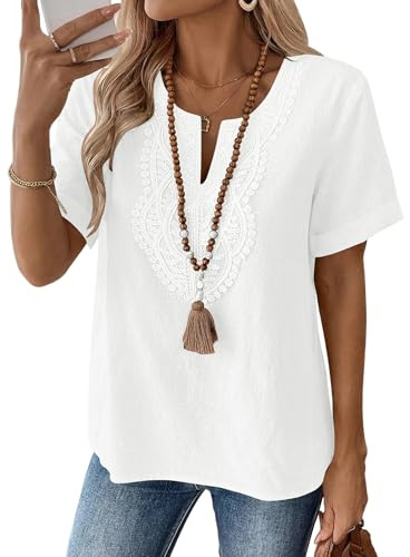 Rapbin Womens Tops Short Sleeve Cotton Linen T-Shirts Summer Blouses Tunic | V Neck Lace Loose Casual Clothing Fashion Elegant Outfit Ladies Clothes