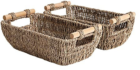 StorageWorks Woven Storage Baskets for Shelves, Seagrass Shelf Storage Baskets, Woven Box Organiser with Wooden Handles, Small Narrow Wicker Bathroom Storage for Organising, Natural Seagrass, 2-Pack