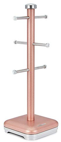 Tower T826016R Kitchen Tree, Glitz Range, 6 Cups Mug Stand, Steel, Blush Pink, One Size
