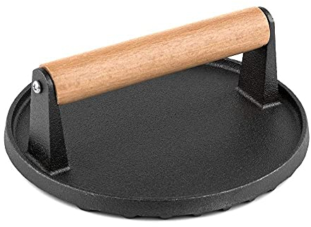 Burger Press Round 7 Inches Heavy Cast Iron Bacon Press with Solid Wood Handle for Kitchen & Commercial Gradee - Pre Seasoned Sandwich & Grill Press - Quesadillas, Hamburgers & Steaks