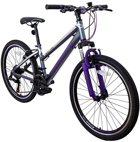 KRON XC 75 Kinder Mountain Bike 24 Zoll ab 8-9 Jahre | Aluminium MTB Fahrrad 21 Gang Shimano, V-Bremse, 13 Zoll Rahmen, Grau Lila