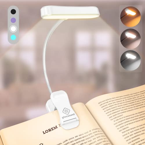 Glocusent Book Light Reading Lights for Books in Bed, Eye Caring Clip on Reading Light, CRI 95, 3 Colours & 5 Brightness, Rechargeable & Long Lasting, 1.4Oz Only Reading Light, Perfect for Book Lover