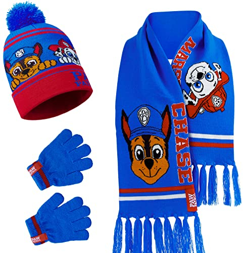 Paw Patrol Ensemble d'Accessoires d'Hiver Garçon, Bonnet, Écharpe et Gants - Cadeau Enfant (Bleu/Rouge)