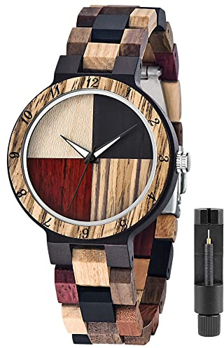 Tiong Ladies Plaid Wood Design Watch Lightweight Wooden Watches with Adjustable Strap and Stainless Steel Buckle Quartz Watches for Women