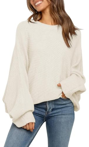 Fessceruna Jersey de Mujer Oversize Manga murciélago Jersey de Punto Jersey de Cuello Redondo para Invierno Sudadera Acanalada, Beige, XL