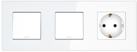 PULSAR Steckdose mit Wechselschalter Doppelt 3-Fach Glas Weiß - Doppel Lichtschalter Unterputz mit Schutzkontakt-Steckdose mit Kindersicherung 16A 250V