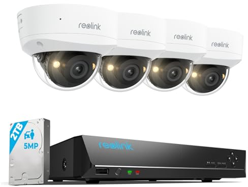 Reolink 5MP Kit Caméra de Surveillance PoE avec IK10 Anti-Vandalisme, Objectif 2,8mm, NVR 8CH 2To, Vision Nocturne Couleur, Détection Personne/Véhicule/Animal, Audio Bidirectionnel, IP67, RLK8-500V4