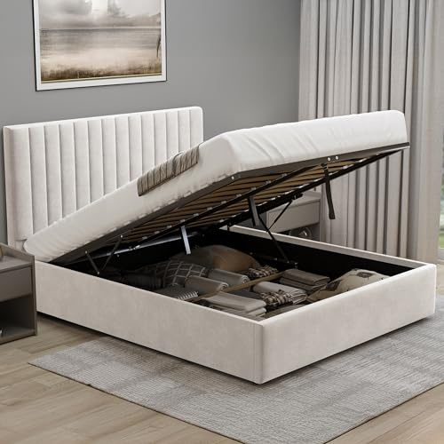 Blisswood Ottoman Bed with Sprung Mattress, 4ft6 Double Upholstered Bed Frame, Ottoman Bed With Storage Gas Lift Opening Wooden Slats Bed Frame (Beige, Double 4FT6 – With Mattress)