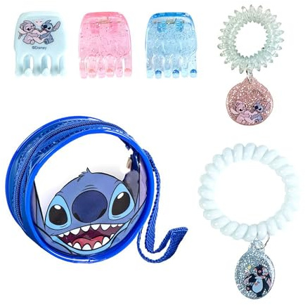 Set de Belleza de Stitch - Incluye un Bolsito, 3 Pinzas para el pelo y 2 Pulseras - Multicolor - Ideal para sorprender a tus peques - Clip con Stitch y Angel - Producto Original Diseñado en España