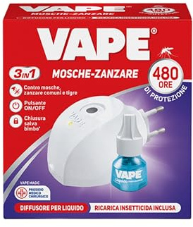 Vape Diffusore Liquido Insetti + Ricarica Liquida Mosche e Zanzare 22 ml, Diffusore Elettrico per Zanzare e Mosche, Antizanzare e Antimosche con Ricarica Efficiente 480 Ore