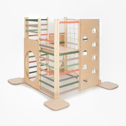 HomeForDreams Torre da arrampicata quadrata in legno ispirata Montessori per bambini piccoli: parco giochi pieghevole al coperto con accessori (spazio forestale, con bordo interno)