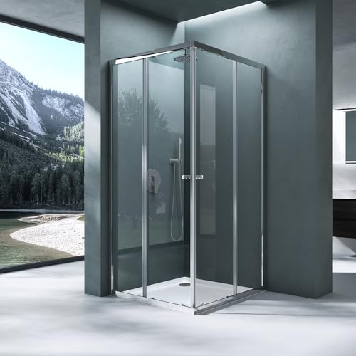 Mai & Mai Duschwand mit Doppel-Schiebetür 90x90 cm Eckeinstieg Echtglas Lotuseffekt Duschkabine ESG-Sicherheitsglas Ravenna16k