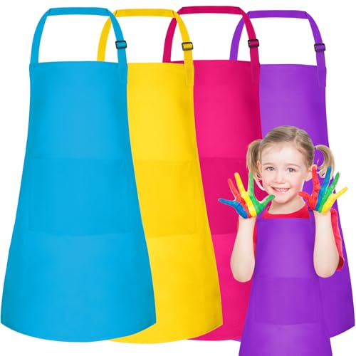 PLULON 4 Pcs Kids Aprons with 2 Pockets Painting Aprons for Kids Aprons Bulk, Paint Apron Adjustable Children Chef Aprons for Girls Boys Painting Baking Cooking Crafting - 4 Colors