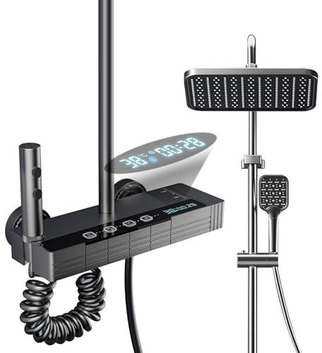 LED con Pantalla Digital, Columna Termostática de Ducha 80-120 cm, Altura Regulable, Cabezal 20 x 30 cm, 3 Mezclador con Estante y Barra (B)
