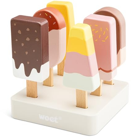 Woet Wooden Ice Cream Play Food Set – FSC Pretend Role Play Dessert Toys for Kids 3+ – Educational Toy with Ice Lollies, Cones & Macarons – Colorful Gift for Boys and Girls