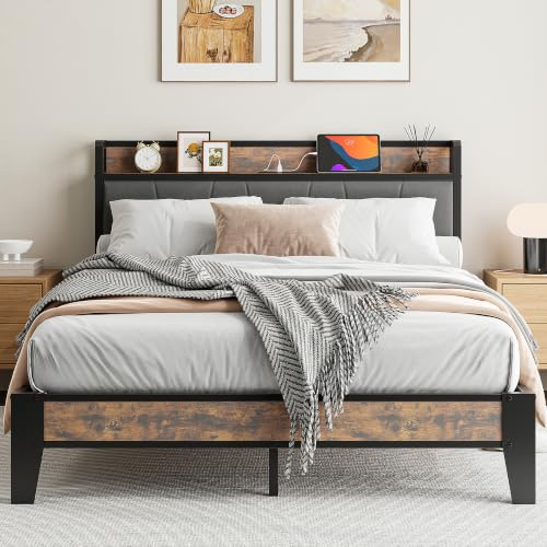 IRONCK Bett 140x200 mit Ladestation (2 AC-Steckdosen, USB-A, USB-C), Bettgestell mit Gepolstertem Kopfteil & Stauraum, Doppelbett für Schlafzimmer, Stabiles Metallbett in Retro Grau