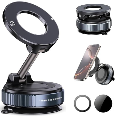 Bacxzomx Support Téléphone Voiture Magnétique Ventouse,Compatible avec MagSafe,Porte Telephone Voiture Réglable à 360° & Pliable pour Miroir Verre Gym
