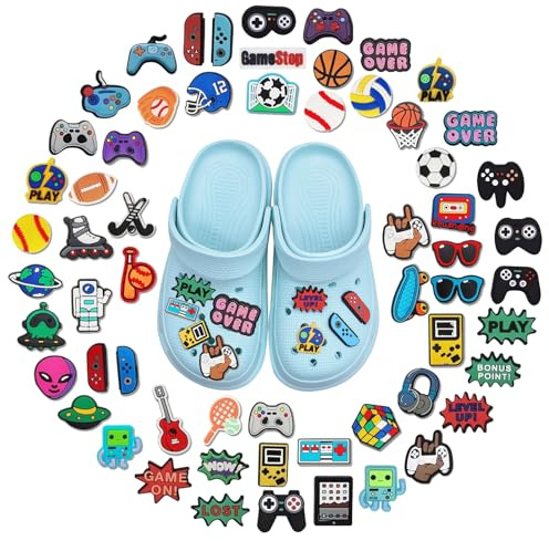 ZXTGBQ 60 Pièces Charmes de Chaussure, Pins Croc Charmes de Chaussure, Basket-ball, Football, Baseball, Jeux Vidéo, Astronaute, Accessoires de Breloques, pour Enfants, Adolescents et Adultes