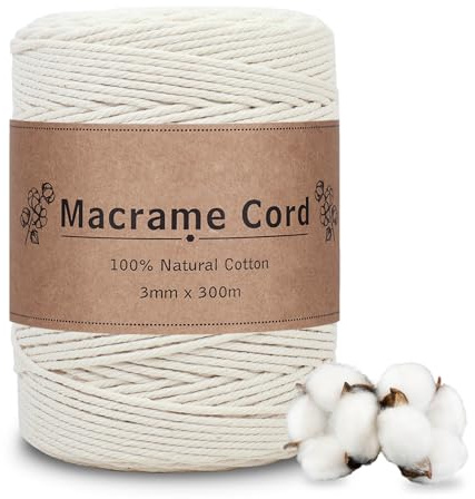 DOBIGER Filato per Macramè 3mm x 300m - Corda di Cotone Naturale Beige (4 Fili Intrecciati), Morbida e Resistente per Arazzi Boho, Appendiabiti, Decorazioni Parete e Fai da Te