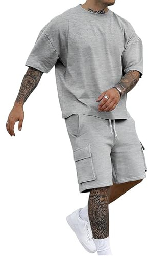 QUNERY Conjunto de Verano Hombre 2 Piezas Chándal Ropa de Calle de Verano Conjunto de Chandal Informal con Camiseta de Manga Corta y Pantalones Cortos Cargo Gris Claro 2XL