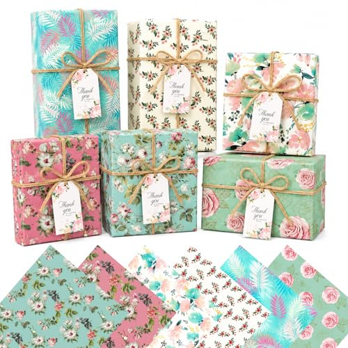 Geukmun 6 Sheets Flower Wrapping Paper Floral Gift Wrap Birthday Wrapping Paper for Women Wrapping Paper Tea Party Wedding Bridal Shower 70x50cm