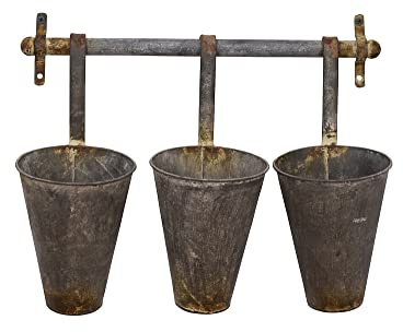 Creative Co-Op Antiqued Metal Wall Rack with 3 Hanging Tin Pots