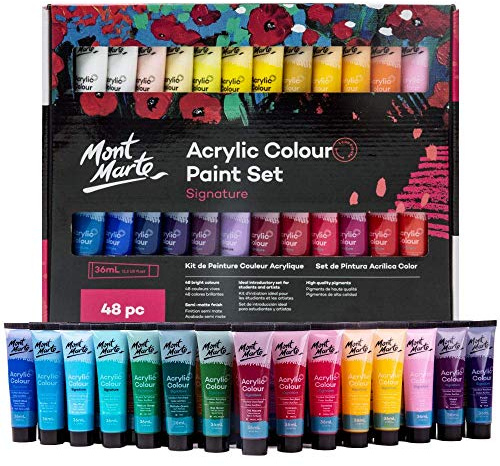 MONT MARTE Acrylic Paint Set, 48 x 36ml, Semi-Matte Finish, 48 Colours, Suitable for Canvas, Wood, MDF, Leather, Air-Dried Clay, Plaster, Cardboard, Paper and Crafts